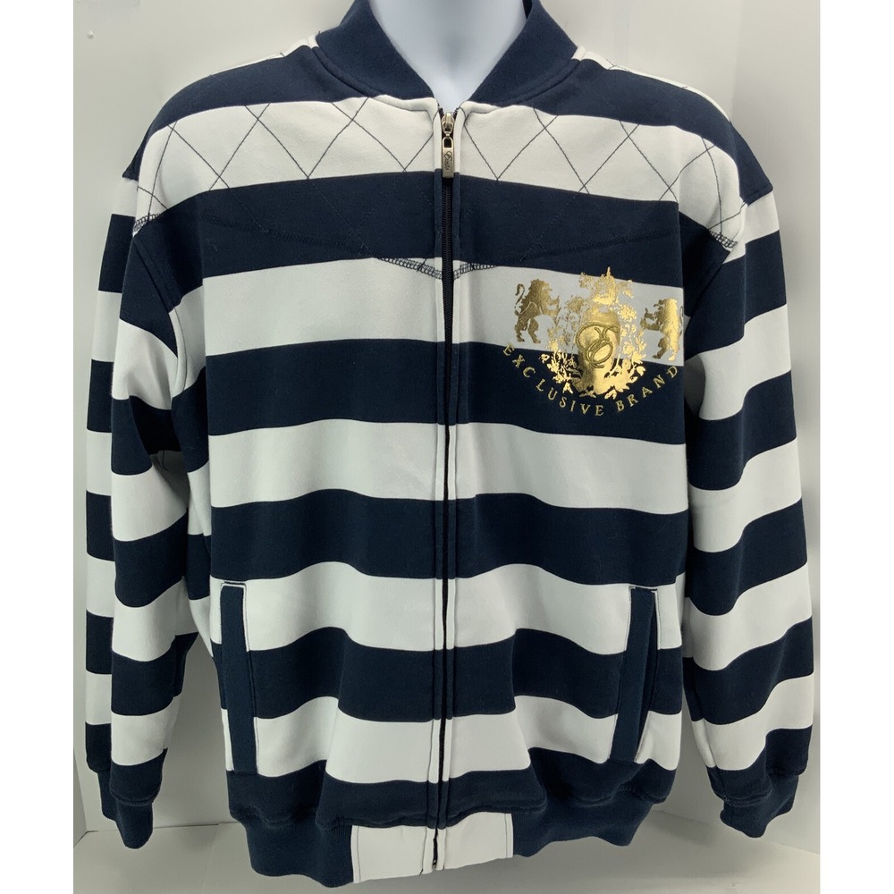 EXSTO Mens Size XL Exclusive Brand Full Zip Jacket Navy Blue White Stripe